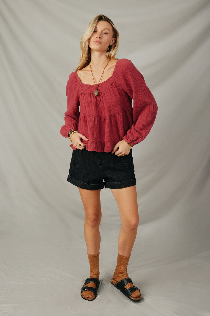 HY6546 Rust Womens Smock Detailed Textured Washed Peplum Top Full Body