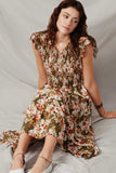 HY6591 Olive Womens Floral Smocked V Neck Ruffled Tank Dress Pose