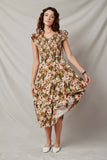 HY6591 Olive Womens Floral Smocked V Neck Ruffled Tank Dress Full Body