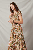 HY6591 Olive Womens Floral Smocked V Neck Ruffled Tank Dress Front