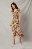 HY6591 Olive Womens Floral Smocked V Neck Ruffled Tank Dress Full Body 2