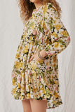 Floral Ribbon Detailed Long Sleeve Tiered Dress