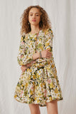 HY6607 Black Womens Floral Ribbon Detailed Long Sleeve Tiered Dress Front 2