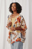 HY6671 Rust Mix Womens Textured Floral 3/4 Sleeve Open Kimono Front 2