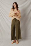 HY6672 Olive Women Wide Leg Button Closure Cargo Pants Front