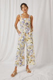 HY6727 Blue Womens Tropical Print Smock Waist Wide Strap Jumpsuit Full Body