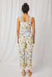HY6727 Blue Womens Tropical Print Smock Waist Wide Strap Jumpsuit Back