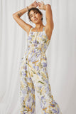 HY6727 Blue Womens Tropical Print Smock Waist Wide Strap Jumpsuit Front 2