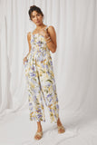 HY6727 Blue Womens Tropical Print Smock Waist Wide Strap Jumpsuit Full Body 2