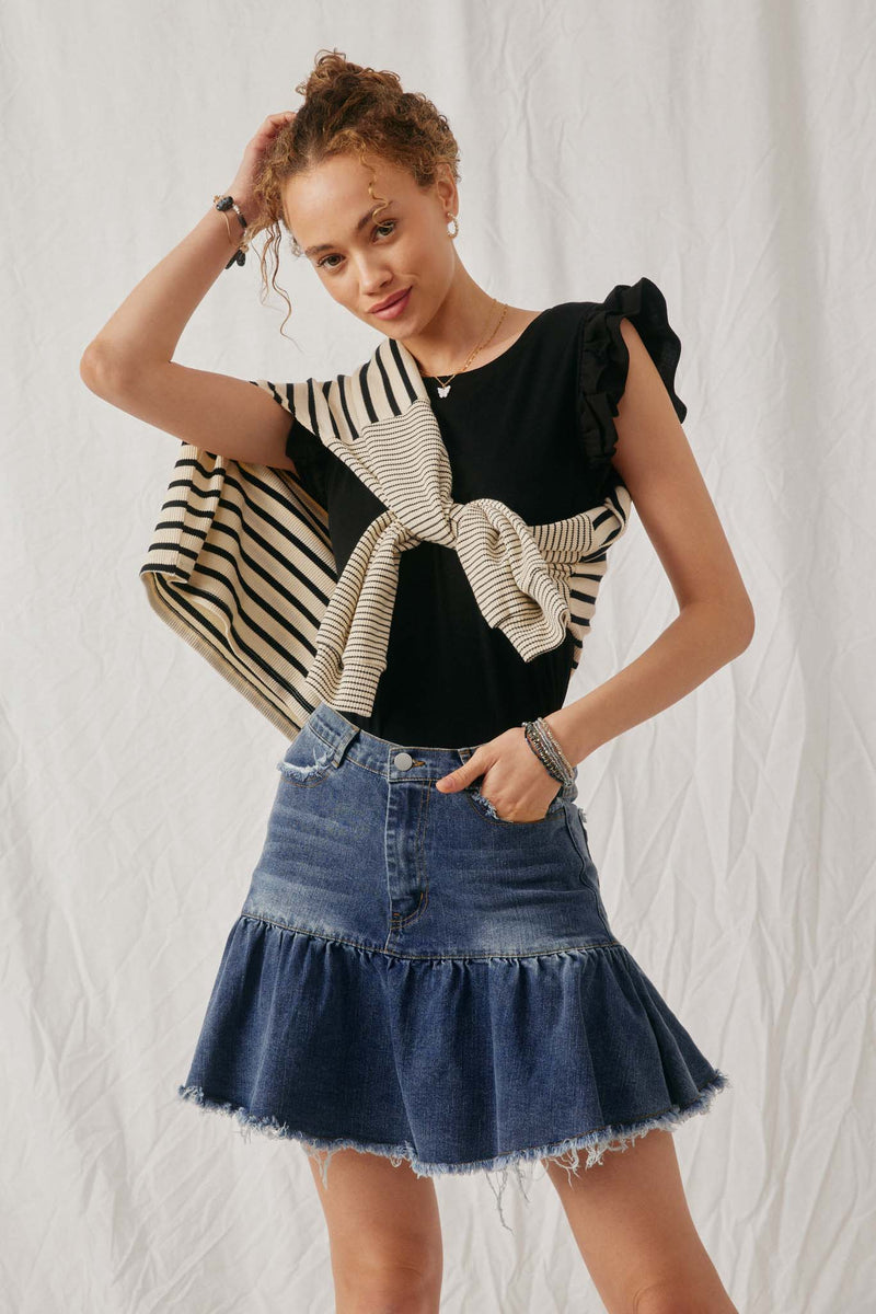 HY6738 Denim Womens Layered Ruffle Mix Media Ribbed Knit Tank Front