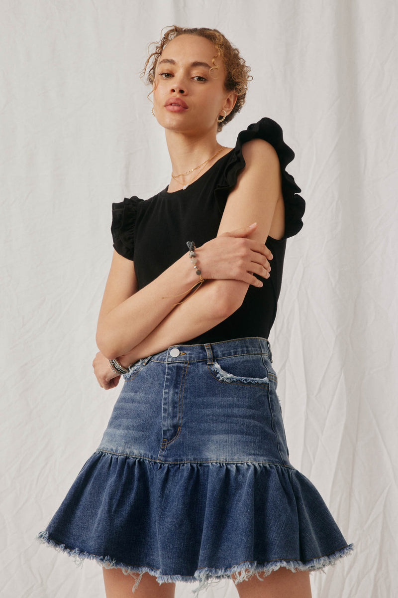 HY6738 Denim Womens Layered Ruffle Mix Media Ribbed Knit Tank Front 2