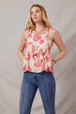 HY6741 Red Womens Textured Floral Tie Shoulder Hankerchief Top Front