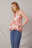 HY6741 Red Womens Textured Floral Tie Shoulder Hankerchief Top Side