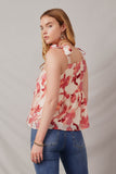 HY6741 Red Womens Textured Floral Tie Shoulder Hankerchief Top Back