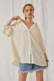 HY6760 Cream Womens Crinkle Texture Tie Sleeve Button Up Shirt Front