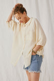 HY6760 Cream Womens Crinkle Texture Tie Sleeve Button Up Shirt Side
