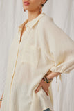 HY6760 Cream Womens Crinkle Texture Tie Sleeve Button Up Shirt Detail