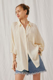 HY6760 Cream Womens Crinkle Texture Tie Sleeve Button Up Shirt Front 2