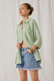 HY6760 Mint Womens Crinkle Texture Tie Sleeve Button Up Shirt Pose
