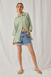 HY6760 Mint Womens Crinkle Texture Tie Sleeve Button Up Shirt Full Body