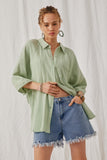 HY6760 Mint Womens Crinkle Texture Tie Sleeve Button Up Shirt Front