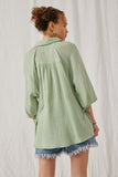 HY6760 Mint Womens Crinkle Texture Tie Sleeve Button Up Shirt Back