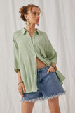 HY6760 Mint Womens Crinkle Texture Tie Sleeve Button Up Shirt Front 2