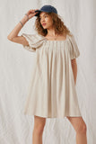 HY6766 Beige Womens Puff Sleeve Box Pleat Detail Square Neck Dress Front