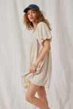 HY6766 Beige Womens Puff Sleeve Box Pleat Detail Square Neck Dress Side