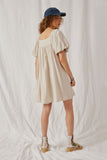 HY6766 Beige Womens Puff Sleeve Box Pleat Detail Square Neck Dress Back