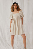 HY6766 Beige Womens Puff Sleeve Box Pleat Detail Square Neck Dress Full Body