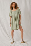 HY6766 Sage Womens Puff Sleeve Box Pleat Detail Square Neck Dress Full Body