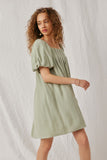 HY6766 Sage Womens Puff Sleeve Box Pleat Detail Square Neck Dress Side