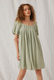 HY6766 Sage Womens Puff Sleeve Box Pleat Detail Square Neck Dress Front