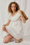 HY6767 Off White Womens Embroidery Textured Off Shoulder Puff Sleeve Dress Pose