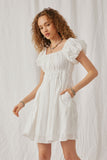 HY6767 Off White Womens Embroidery Textured Off Shoulder Puff Sleeve Dress Front