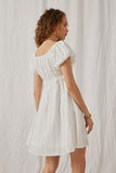 HY6767 Off White Womens Embroidery Textured Off Shoulder Puff Sleeve Dress Back