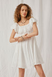 HY6767 Off White Womens Embroidery Textured Off Shoulder Puff Sleeve Dress Front 2