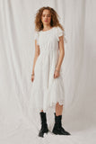 HY6779 Off White Women Scallop Hem Floral Crochet Eyelet Dress Full Body