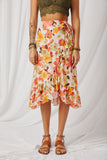 HY6818 Orange Womens Textured Bold Floral Asymmetric Ruffle Tie Skirt Front