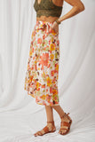 HY6818 Orange Womens Textured Bold Floral Asymmetric Ruffle Tie Skirt Side
