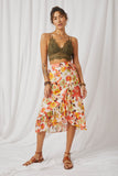 HY6818 Orange Womens Textured Bold Floral Asymmetric Ruffle Tie Skirt Full Body