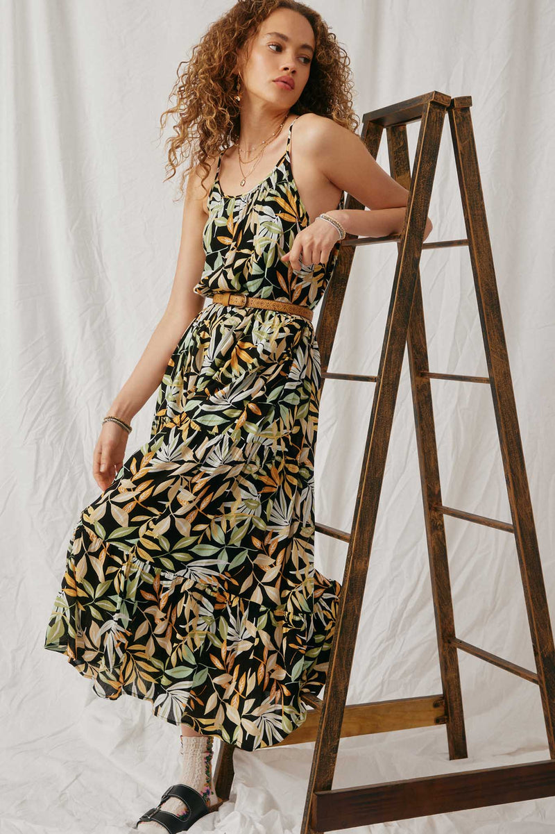 HY6822 Black Womens Botanical Print Tank Dress Front
