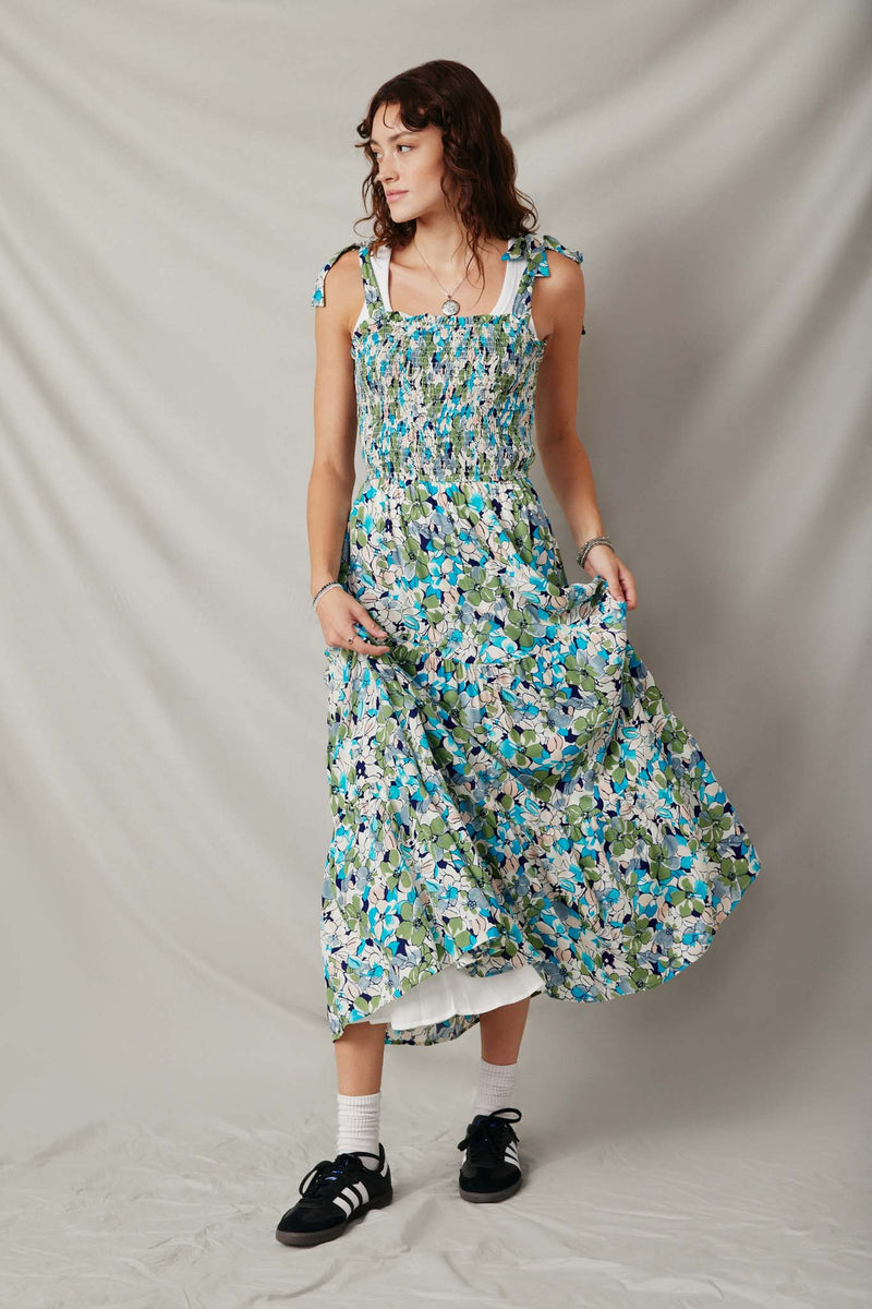 HY6830 Blue Womens Floral Smocked Bodice Tie Shoulder Dress Full Body