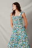HY6830 Blue Womens Floral Smocked Bodice Tie Shoulder Dress Front