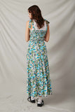 HY6830 Blue Womens Floral Smocked Bodice Tie Shoulder Dress Back