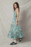HY6830 Blue Womens Floral Smocked Bodice Tie Shoulder Dress Side