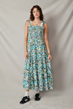 HY6830 Blue Womens Floral Smocked Bodice Tie Shoulder Dress Full Body 2