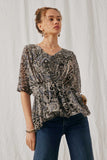 HY6839 Black Womens Paisley Print Dolman Peplum Top Front