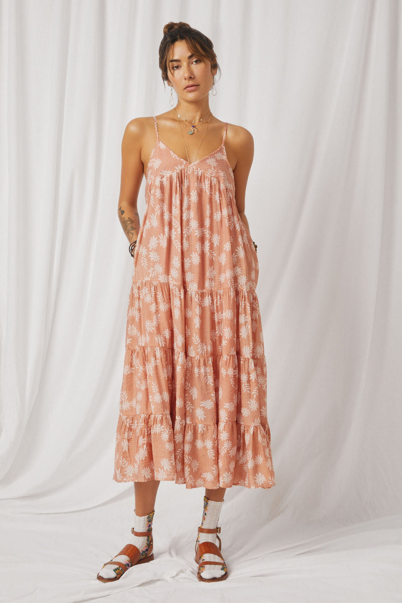 HY6850 Blush Women Textured Floral Smocked Back Tiered Dress Full Body